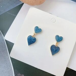 New! Denim Blue And Gold Heart Dangle Earrings NWT!